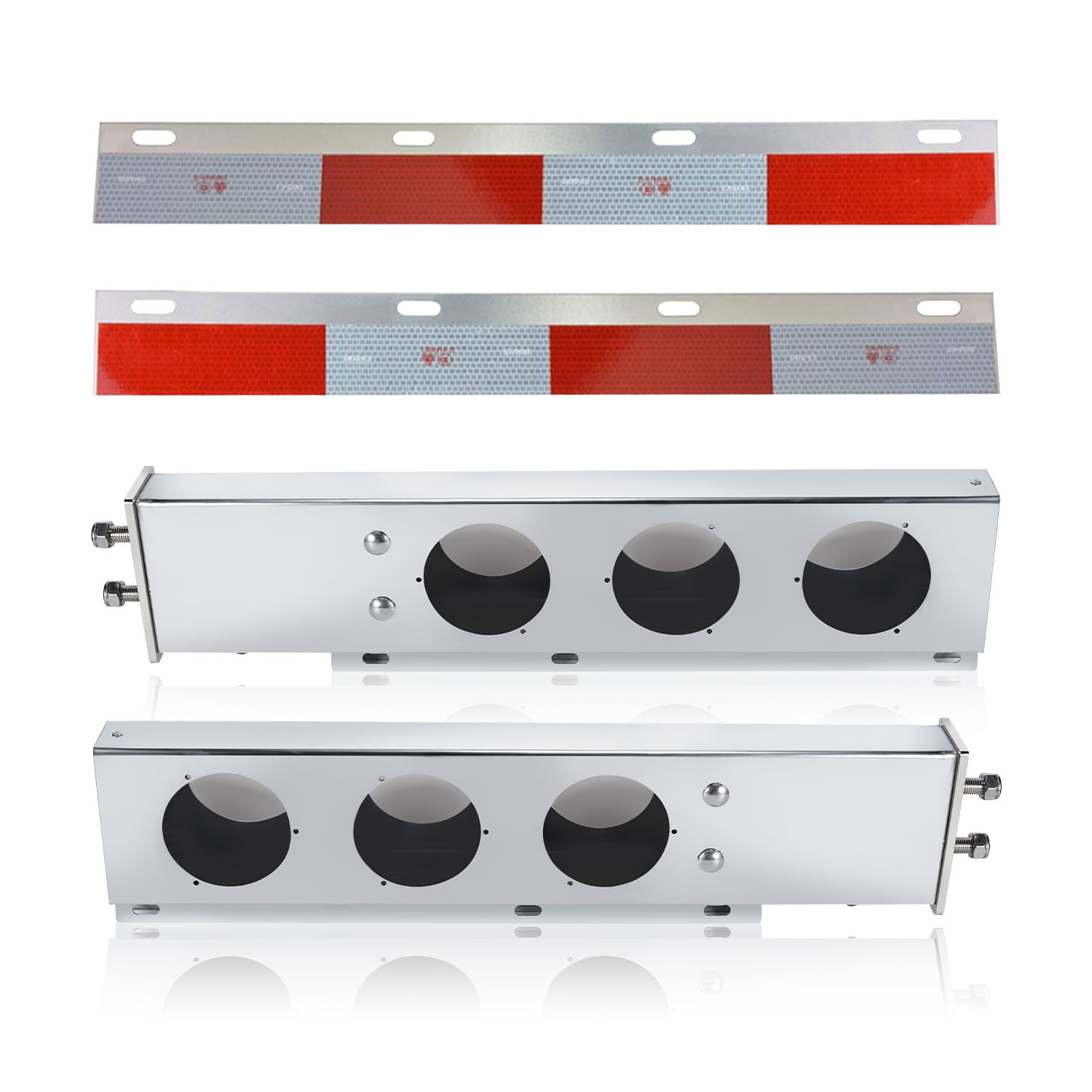 Stainless Steel Mud Flap Hanger Set, 2.5" Bolt Spring, 2-1/2" Bolt Spacing 30" Length Rear Bar with Circle Light Cutouts for Semi Trucks