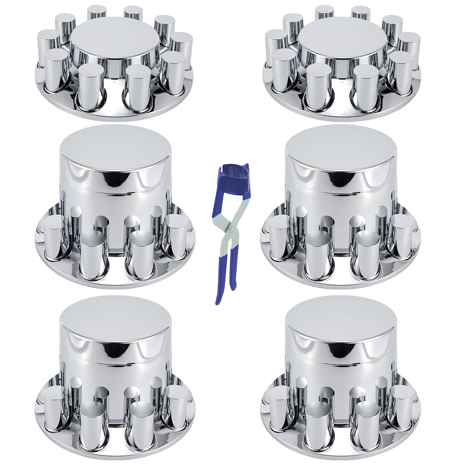 ABS Chrome Plastic Front and Rear Axle Cover Kits with 33mm Cylinder Thread-on Lug Nut Covers for Semi Trucks in Pairs